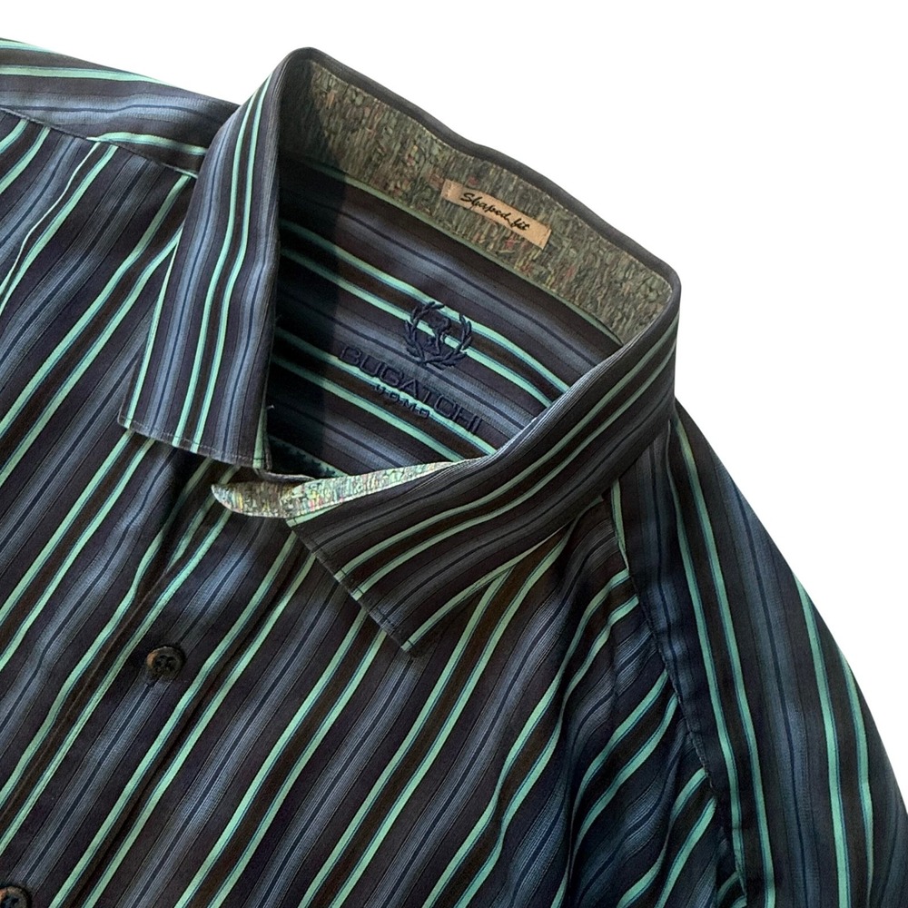 Bugatchi Uomo Mens Shaped Fit Long Sleeve Striped Button Down Shirt Blue Green L